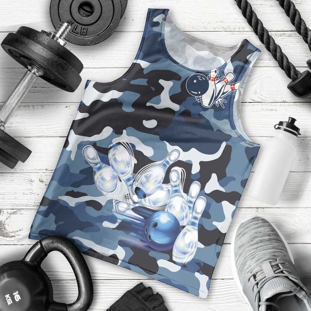 Blue Camouflage Pattern Men Tank Top with Bowling Pins and Ball Graphic Design - Wonder Print Shop