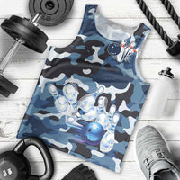 Blue Camouflage Pattern Men Tank Top with Bowling Pins and Ball Graphic Design - Wonder Print Shop