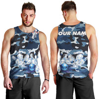 Blue Camouflage Pattern Men Tank Top with Bowling Pins and Ball Graphic Design - Wonder Print Shop