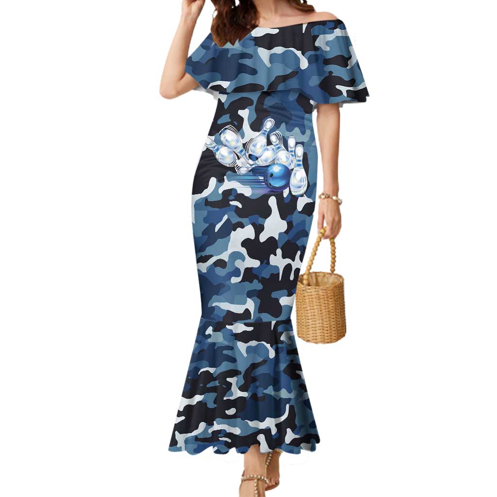 Blue Camouflage Pattern Mermaid Dress with Bowling Pins and Ball Graphic Design - Wonder Print Shop