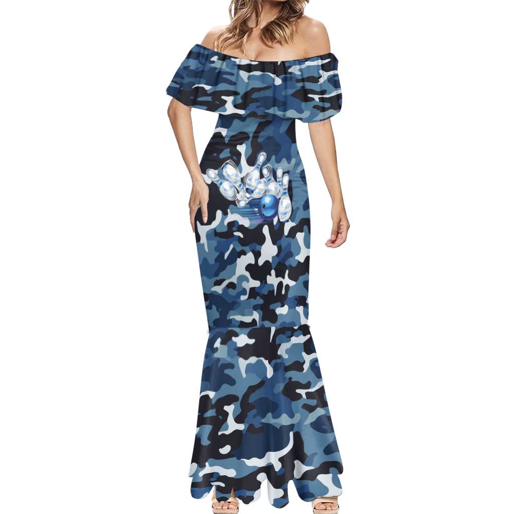 Blue Camouflage Pattern Mermaid Dress with Bowling Pins and Ball Graphic Design - Wonder Print Shop