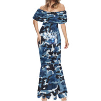 Blue Camouflage Pattern Mermaid Dress with Bowling Pins and Ball Graphic Design - Wonder Print Shop