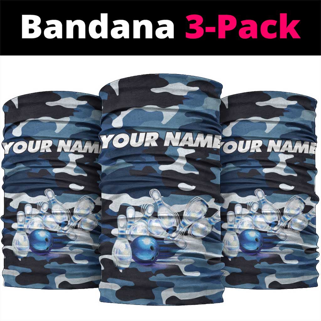 Blue Camouflage Pattern Neck Gaiter with Bowling Pins and Ball Graphic Design - Wonder Print Shop
