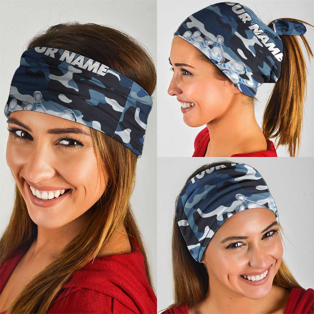 Blue Camouflage Pattern Neck Gaiter with Bowling Pins and Ball Graphic Design - Wonder Print Shop