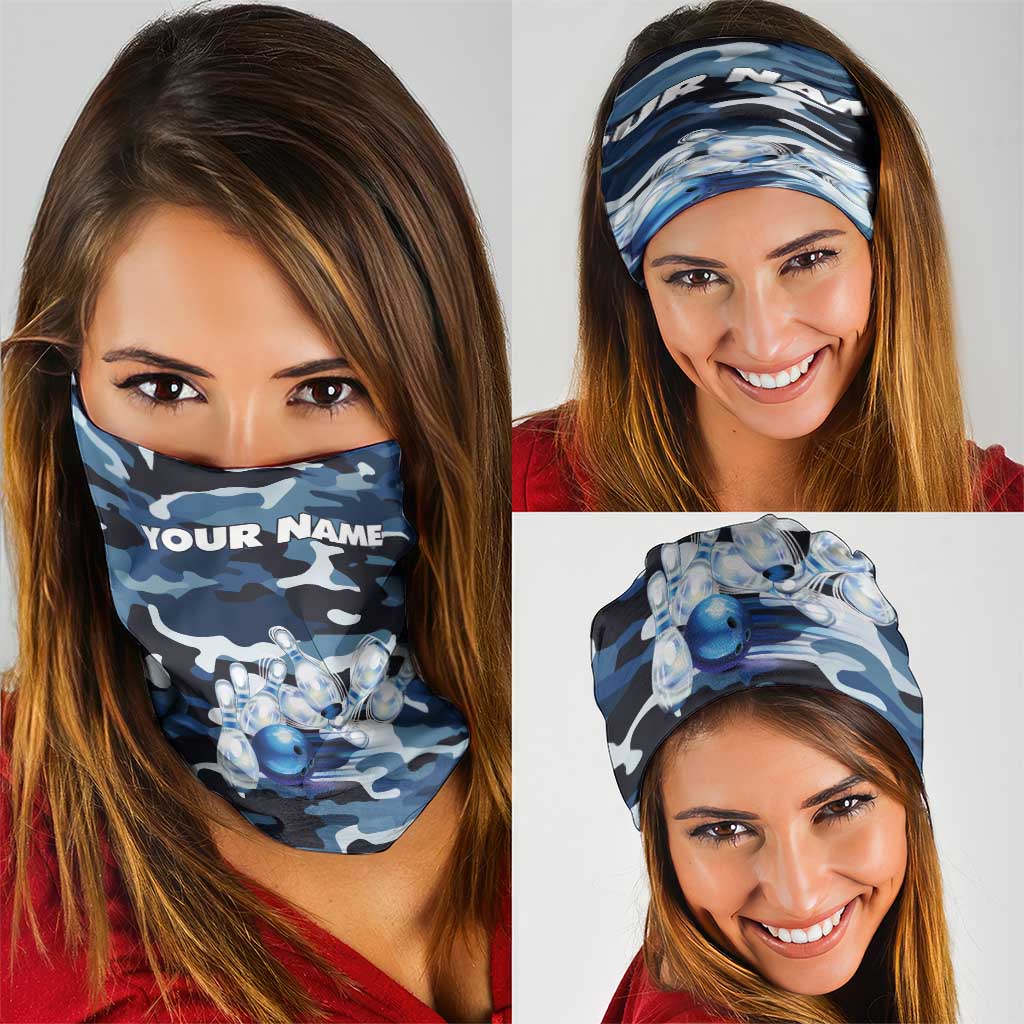Blue Camouflage Pattern Neck Gaiter with Bowling Pins and Ball Graphic Design - Wonder Print Shop