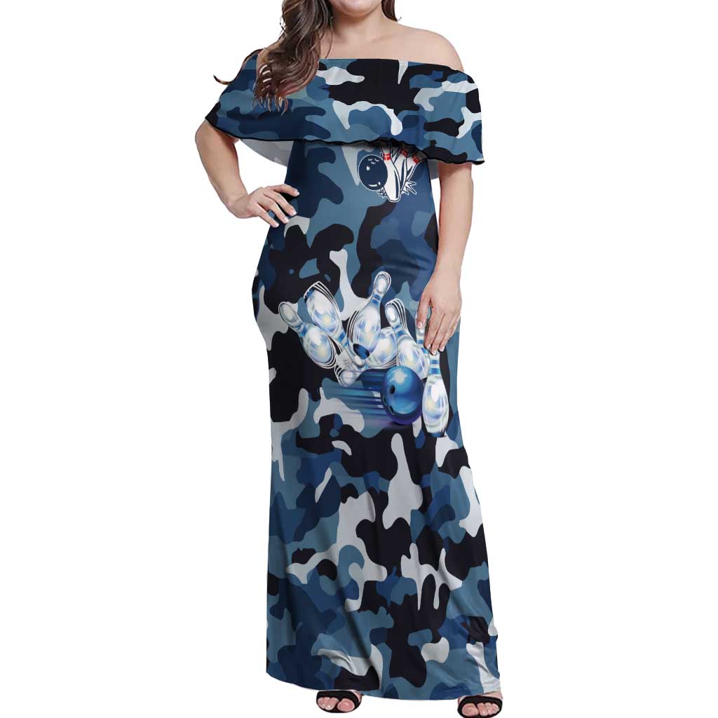 Blue Camouflage Pattern Off Shoulder Maxi Dress with Bowling Pins and Ball Graphic Design - Wonder Print Shop
