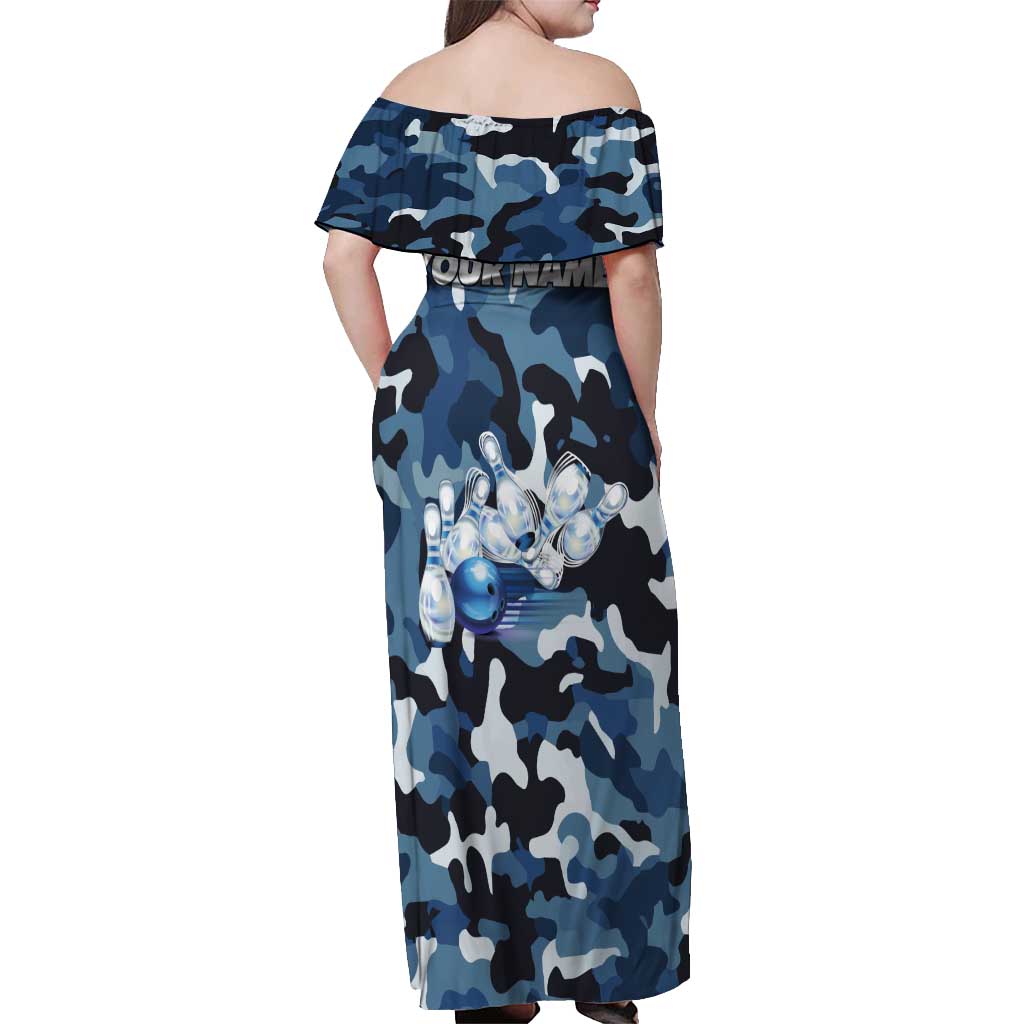 Blue Camouflage Pattern Off Shoulder Maxi Dress with Bowling Pins and Ball Graphic Design - Wonder Print Shop