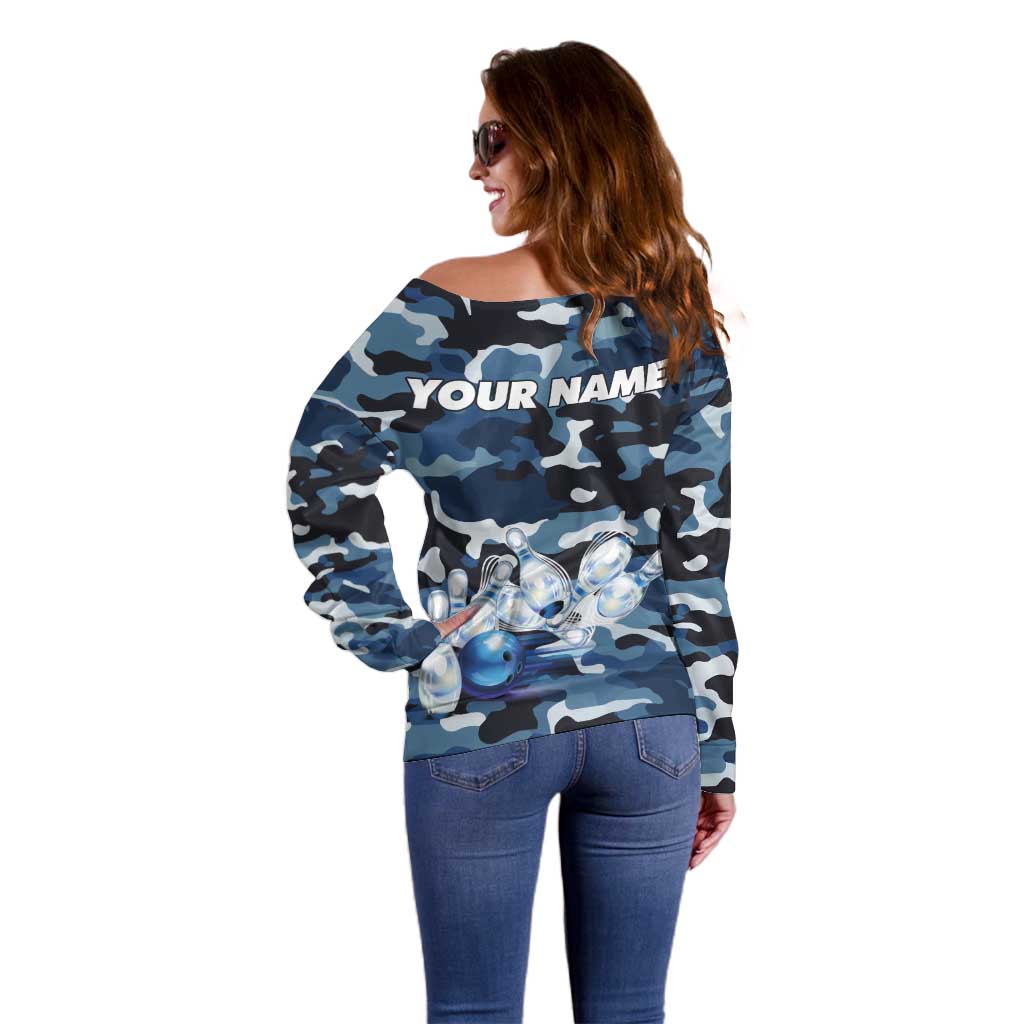 Blue Camouflage Pattern Off Shoulder Sweater with Bowling Pins and Ball Graphic Design - Wonder Print Shop