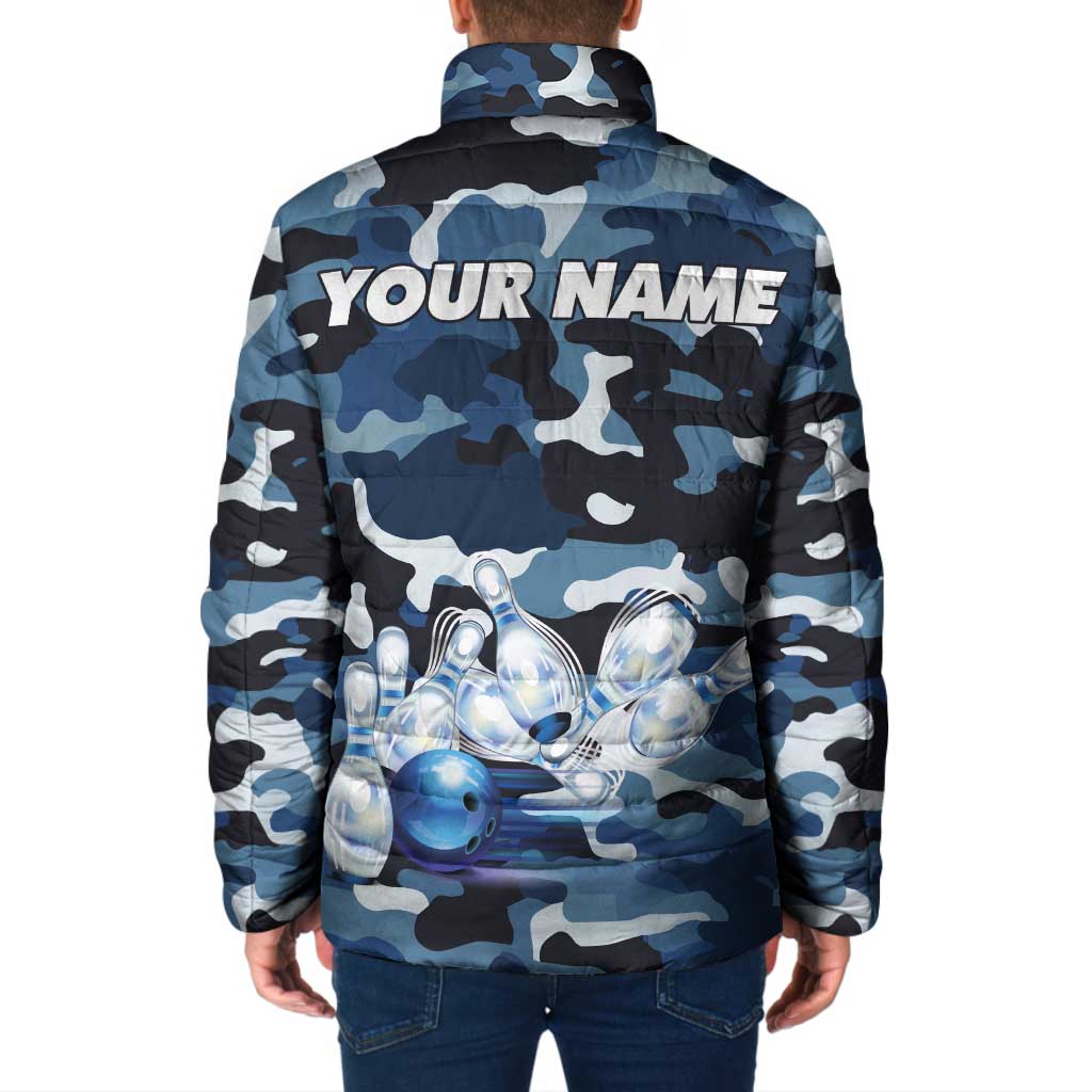 Blue Camouflage Pattern Padded Jacket with Bowling Pins and Ball Graphic Design - Wonder Print Shop