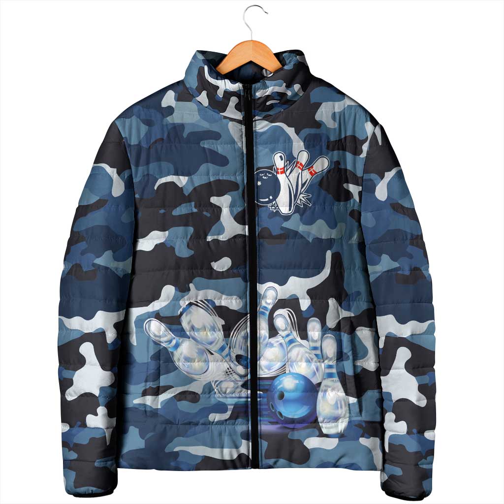 Blue Camouflage Pattern Padded Jacket with Bowling Pins and Ball Graphic Design - Wonder Print Shop