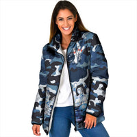 Blue Camouflage Pattern Padded Jacket with Bowling Pins and Ball Graphic Design - Wonder Print Shop