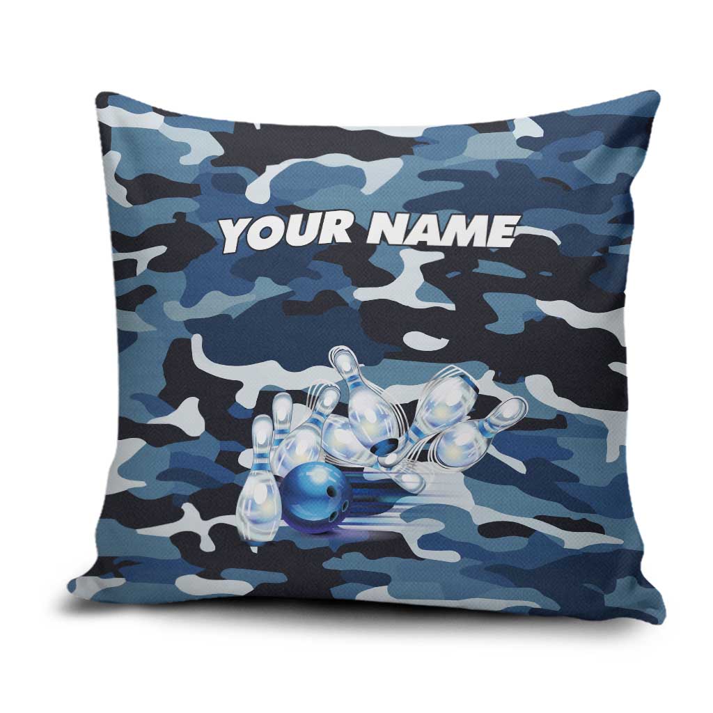 Blue Camouflage Pattern Pillow Cover with Bowling Pins and Ball Graphic Design - Wonder Print Shop
