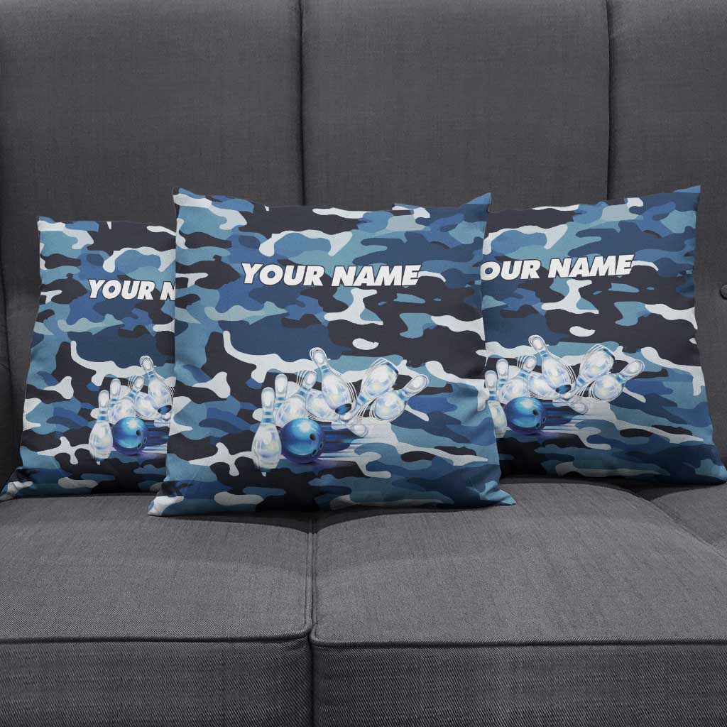 Blue Camouflage Pattern Pillow Cover with Bowling Pins and Ball Graphic Design - Wonder Print Shop