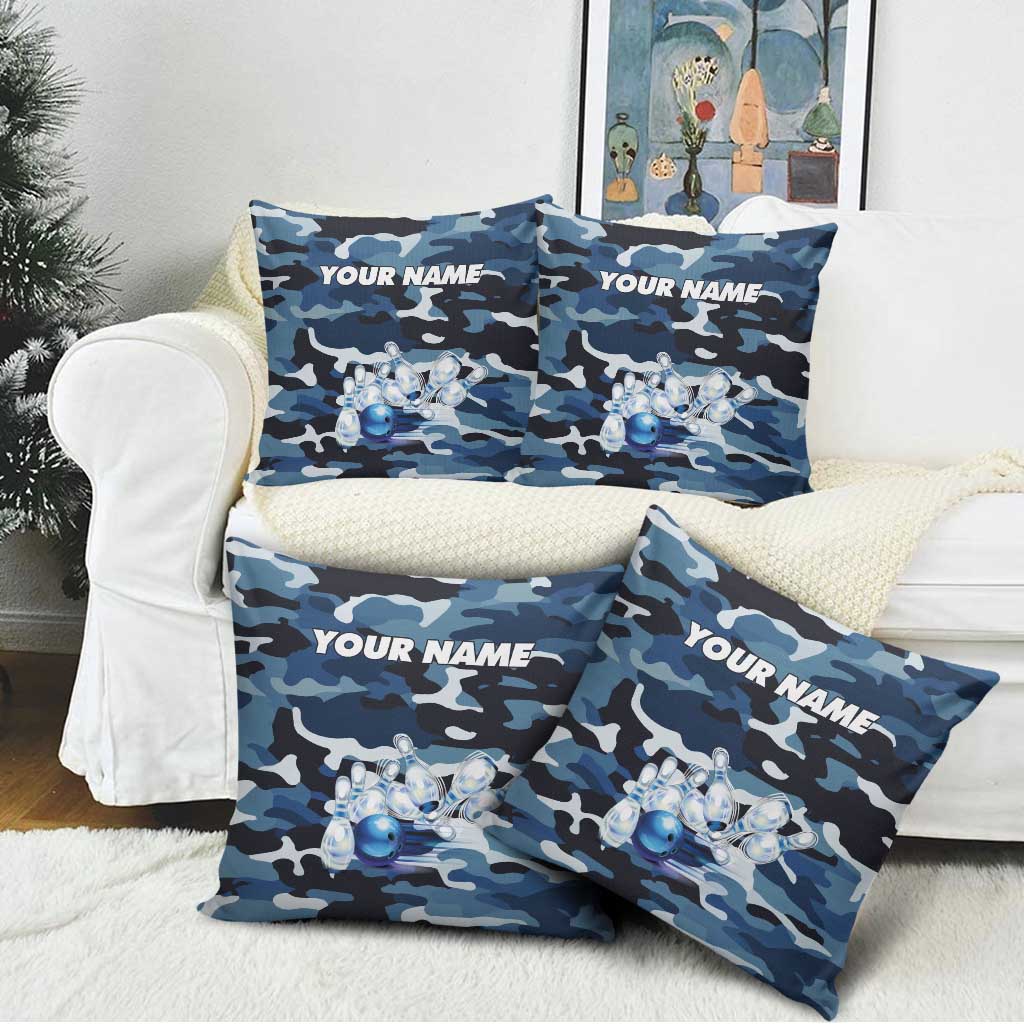 Blue Camouflage Pattern Pillow Cover with Bowling Pins and Ball Graphic Design - Wonder Print Shop