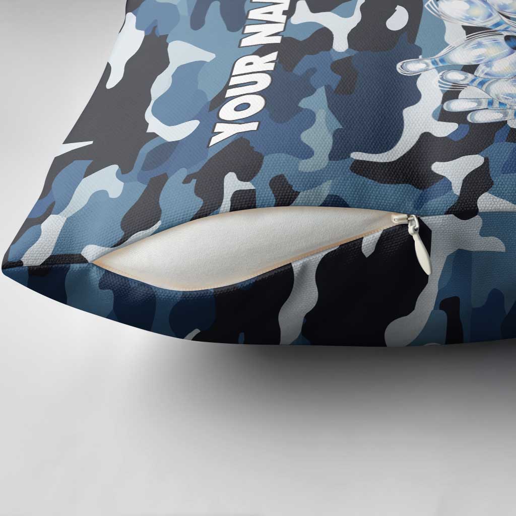Blue Camouflage Pattern Pillow Cover with Bowling Pins and Ball Graphic Design - Wonder Print Shop
