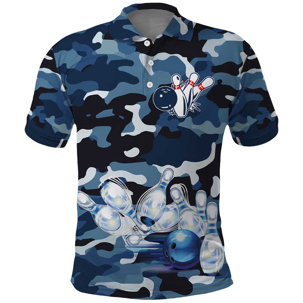Blue Camouflage Pattern Polo Shirt with Bowling Pins and Ball Graphic Design - Wonder Print Shop