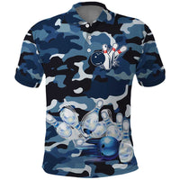 Blue Camouflage Pattern Polo Shirt with Bowling Pins and Ball Graphic Design - Wonder Print Shop