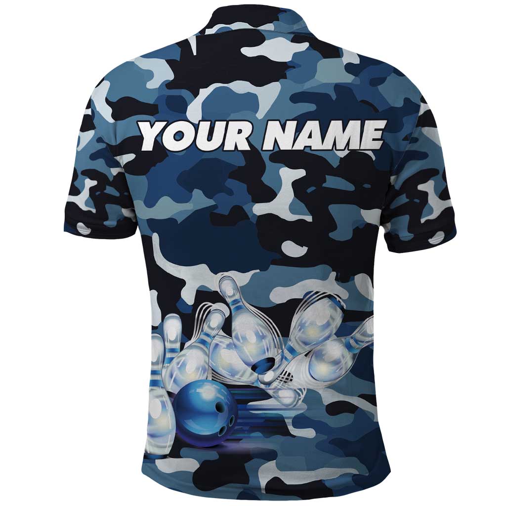 Blue Camouflage Pattern Polo Shirt with Bowling Pins and Ball Graphic Design - Wonder Print Shop