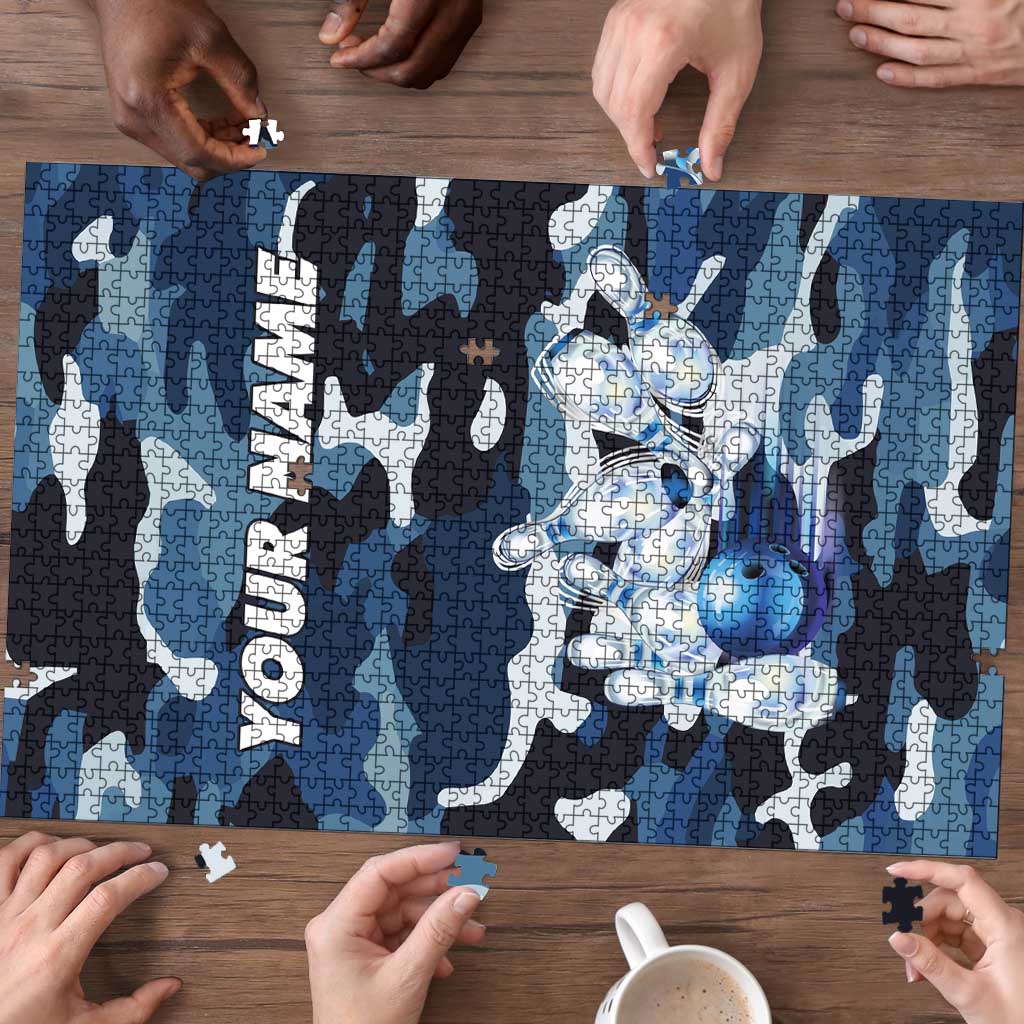 Blue Camouflage Pattern Puzzle with Bowling Pins and Ball Graphic Design - Wonder Print Shop