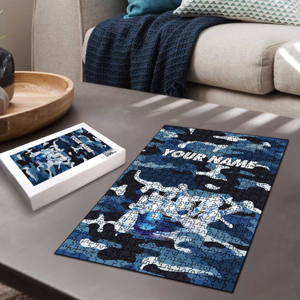 Blue Camouflage Pattern Puzzle with Bowling Pins and Ball Graphic Design - Wonder Print Shop