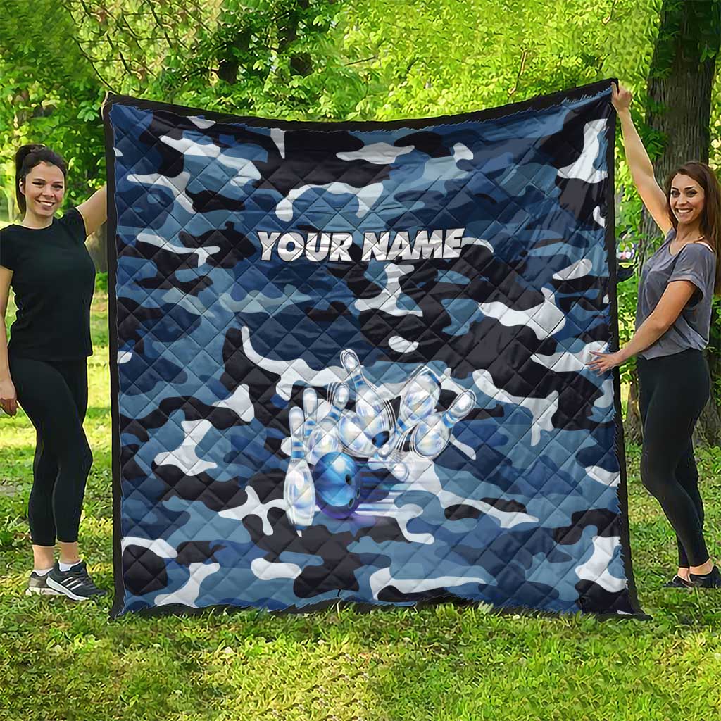 Blue Camouflage Pattern Quilt with Bowling Pins and Ball Graphic Design - Wonder Print Shop
