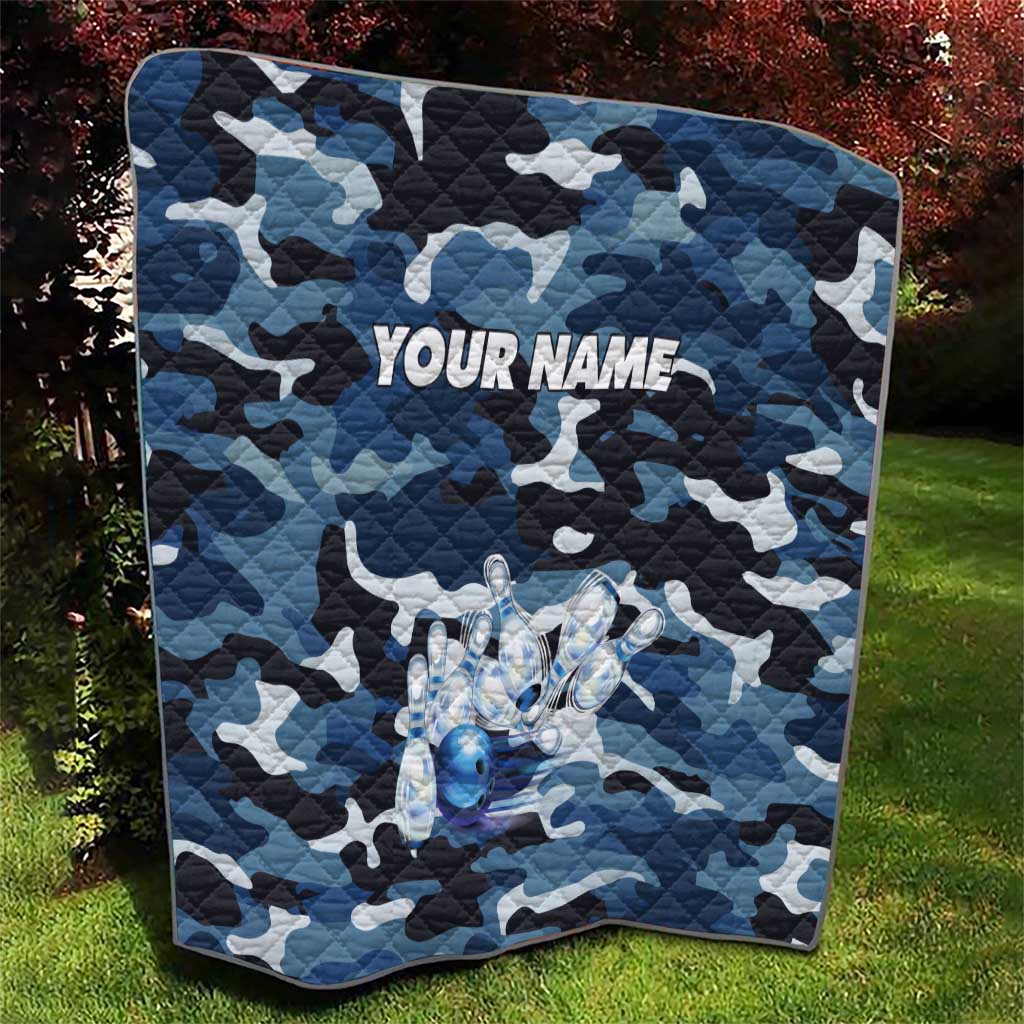 Blue Camouflage Pattern Quilt with Bowling Pins and Ball Graphic Design - Wonder Print Shop