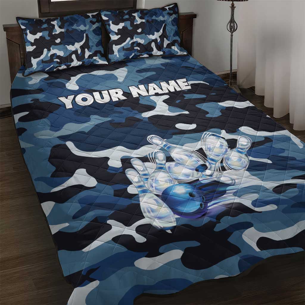 Blue Camouflage Pattern Quilt Bed Set with Bowling Pins and Ball Graphic Design - Wonder Print Shop