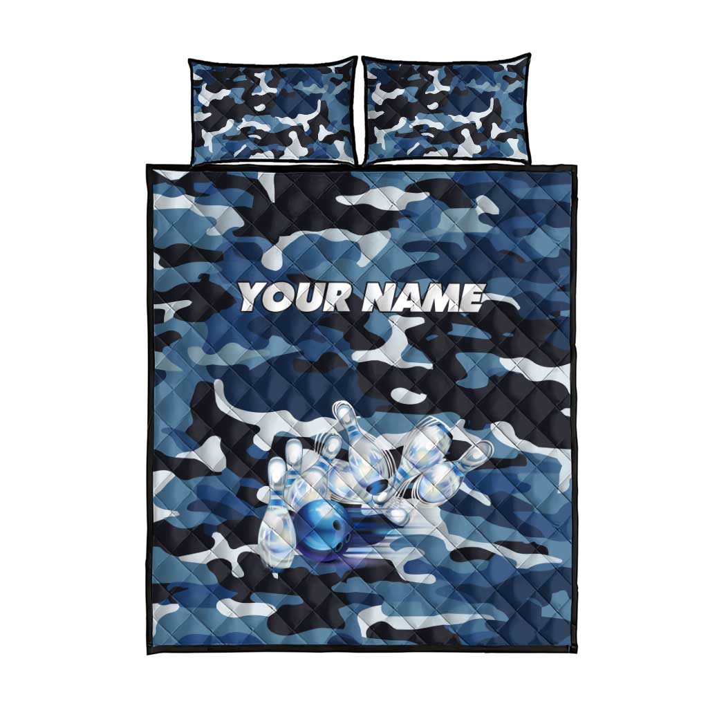 Blue Camouflage Pattern Quilt Bed Set with Bowling Pins and Ball Graphic Design - Wonder Print Shop
