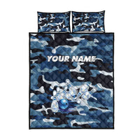 Blue Camouflage Pattern Quilt Bed Set with Bowling Pins and Ball Graphic Design - Wonder Print Shop
