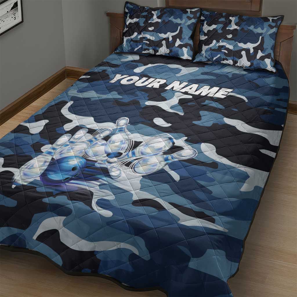 Blue Camouflage Pattern Quilt Bed Set with Bowling Pins and Ball Graphic Design - Wonder Print Shop