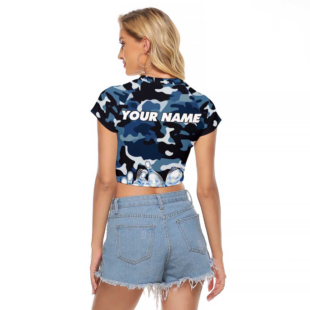 Blue Camouflage Pattern Raglan Cropped T Shirt with Bowling Pins and Ball Graphic Design - Wonder Print Shop