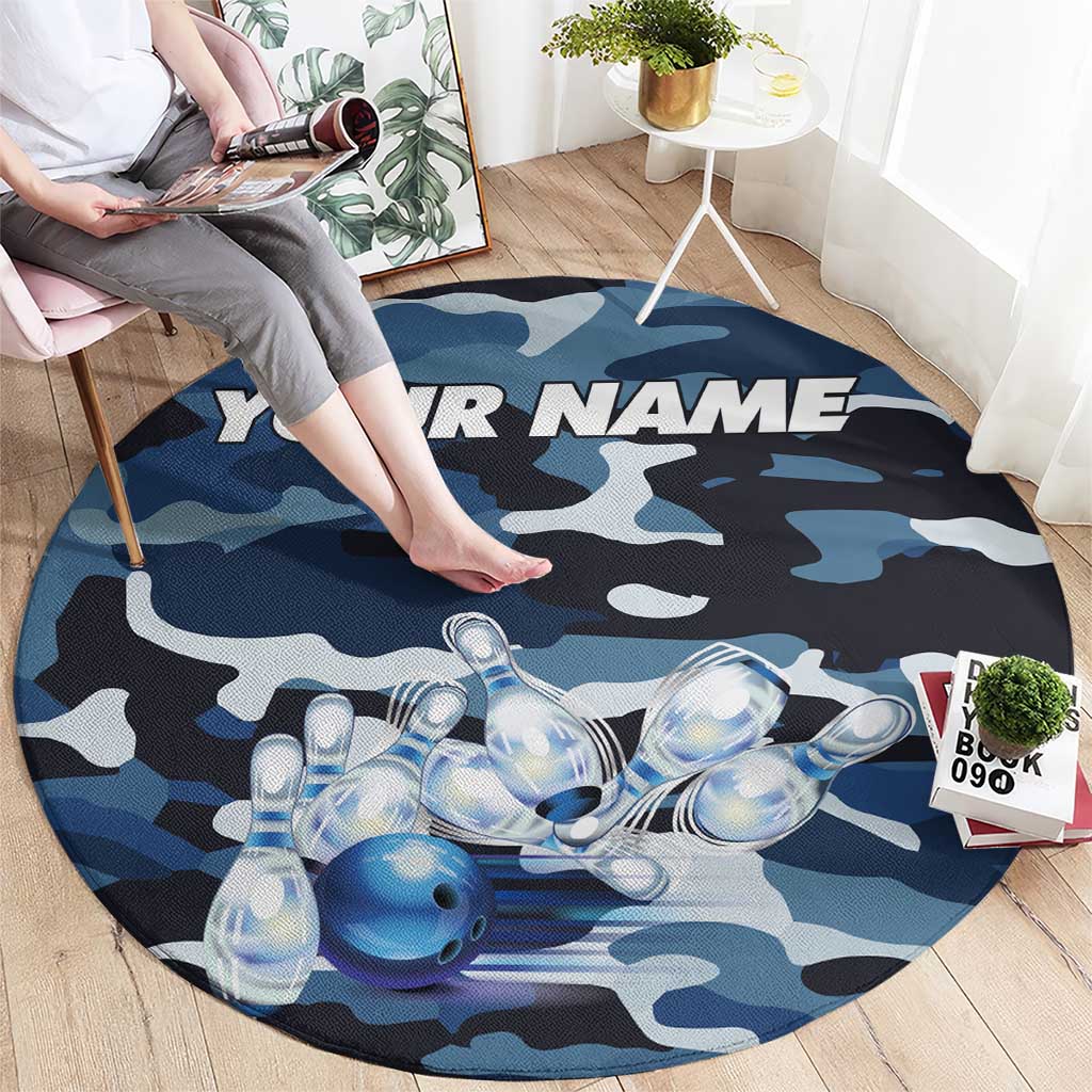 Blue Camouflage Pattern Round Carpet with Bowling Pins and Ball Graphic Design - Wonder Print Shop
