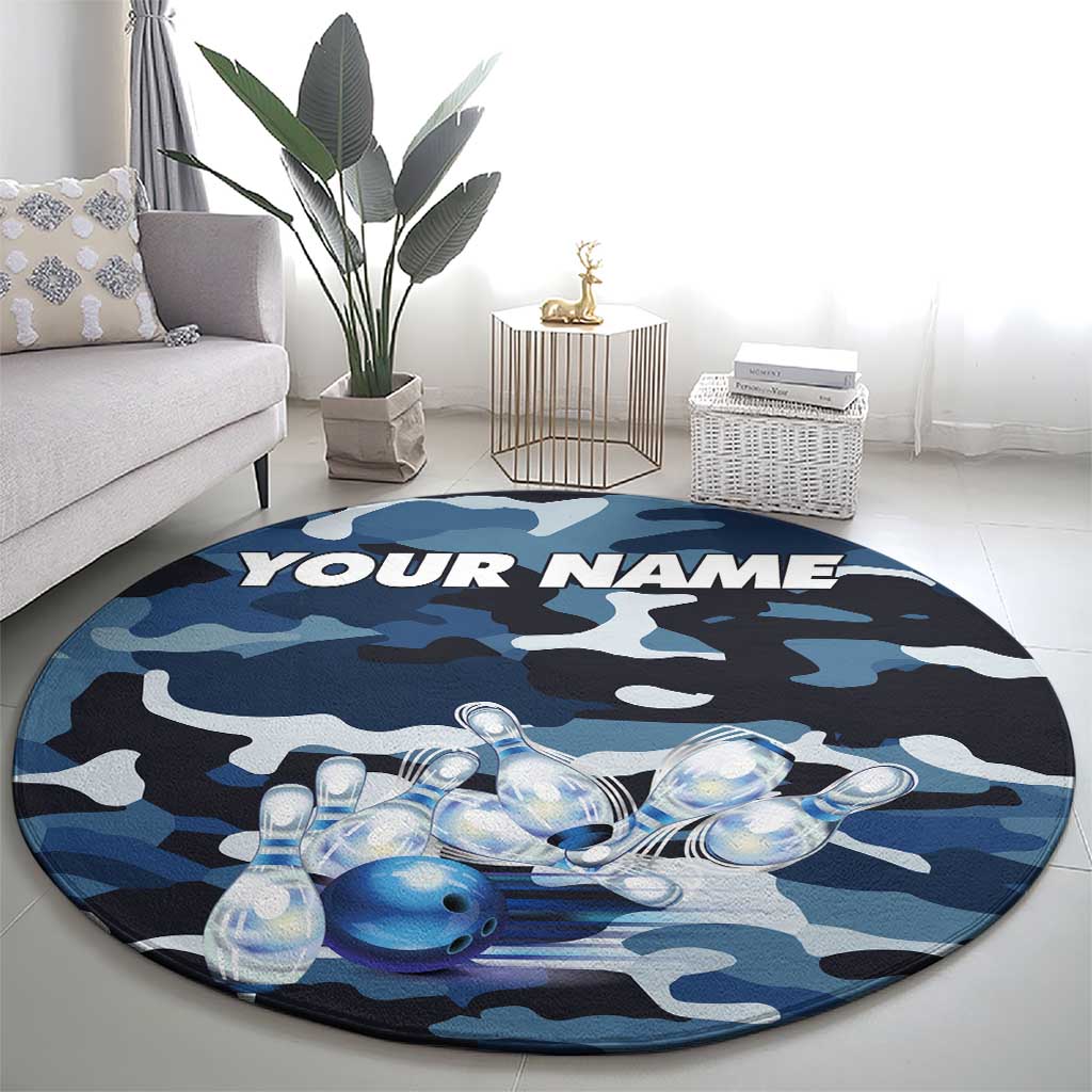 Blue Camouflage Pattern Round Carpet with Bowling Pins and Ball Graphic Design - Wonder Print Shop