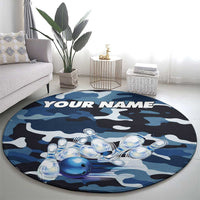 Blue Camouflage Pattern Round Carpet with Bowling Pins and Ball Graphic Design - Wonder Print Shop