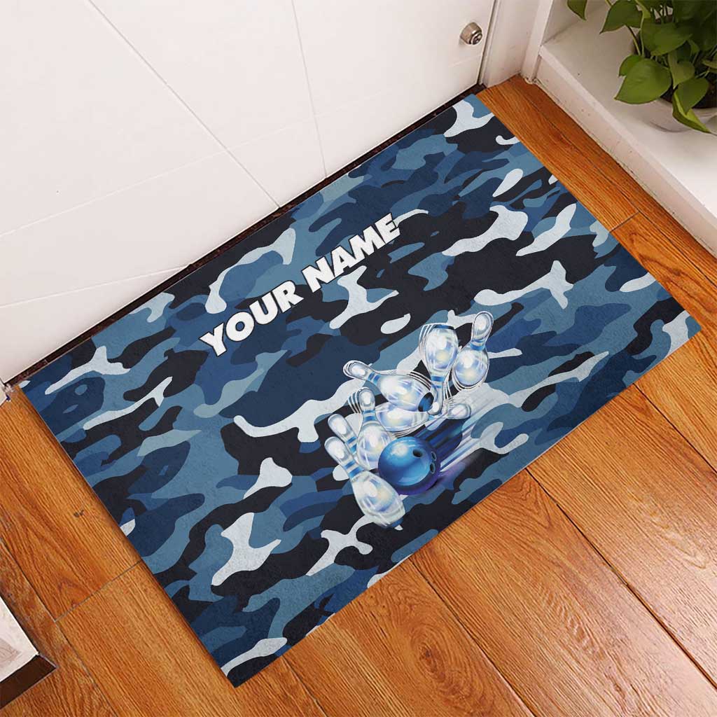 Blue Camouflage Pattern Rubber Doormat with Bowling Pins and Ball Graphic Design - Wonder Print Shop