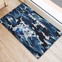 Blue Camouflage Pattern Rubber Doormat with Bowling Pins and Ball Graphic Design - Wonder Print Shop