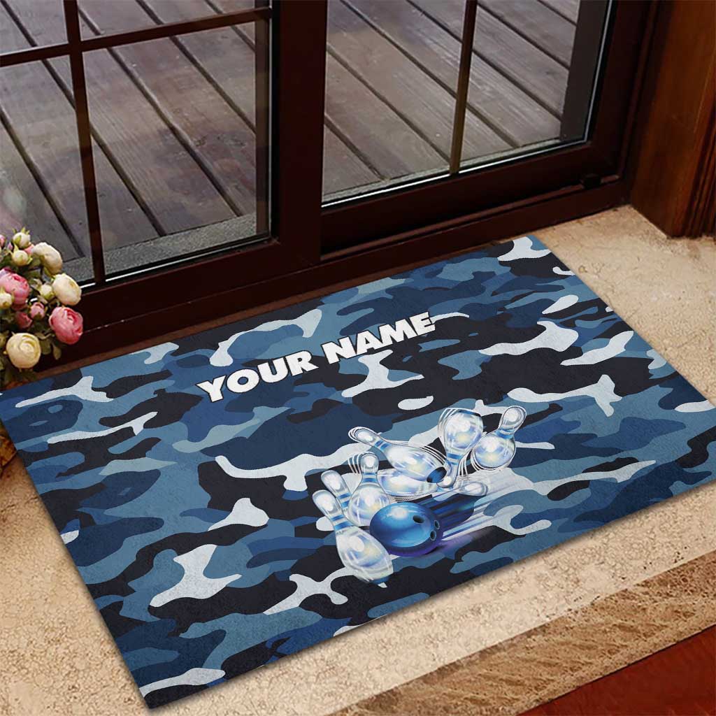 Blue Camouflage Pattern Rubber Doormat with Bowling Pins and Ball Graphic Design - Wonder Print Shop