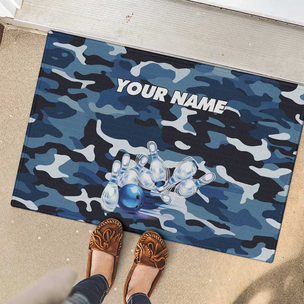 Blue Camouflage Pattern Rubber Doormat with Bowling Pins and Ball Graphic Design - Wonder Print Shop