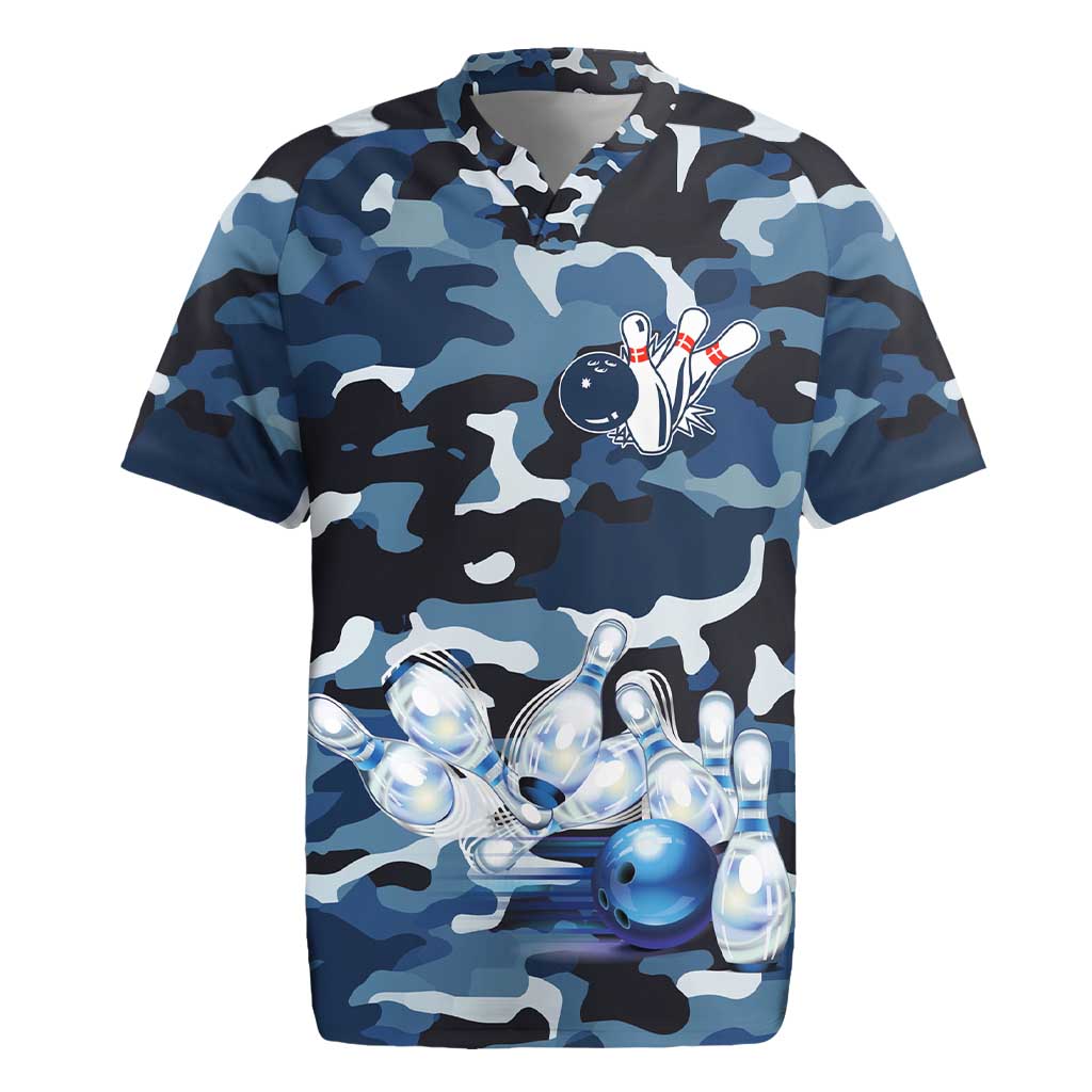 Blue Camouflage Pattern Rugby Jersey with Bowling Pins and Ball Graphic Design - Wonder Print Shop