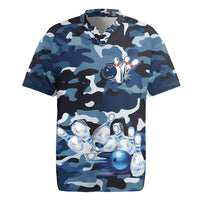 Blue Camouflage Pattern Rugby Jersey with Bowling Pins and Ball Graphic Design - Wonder Print Shop