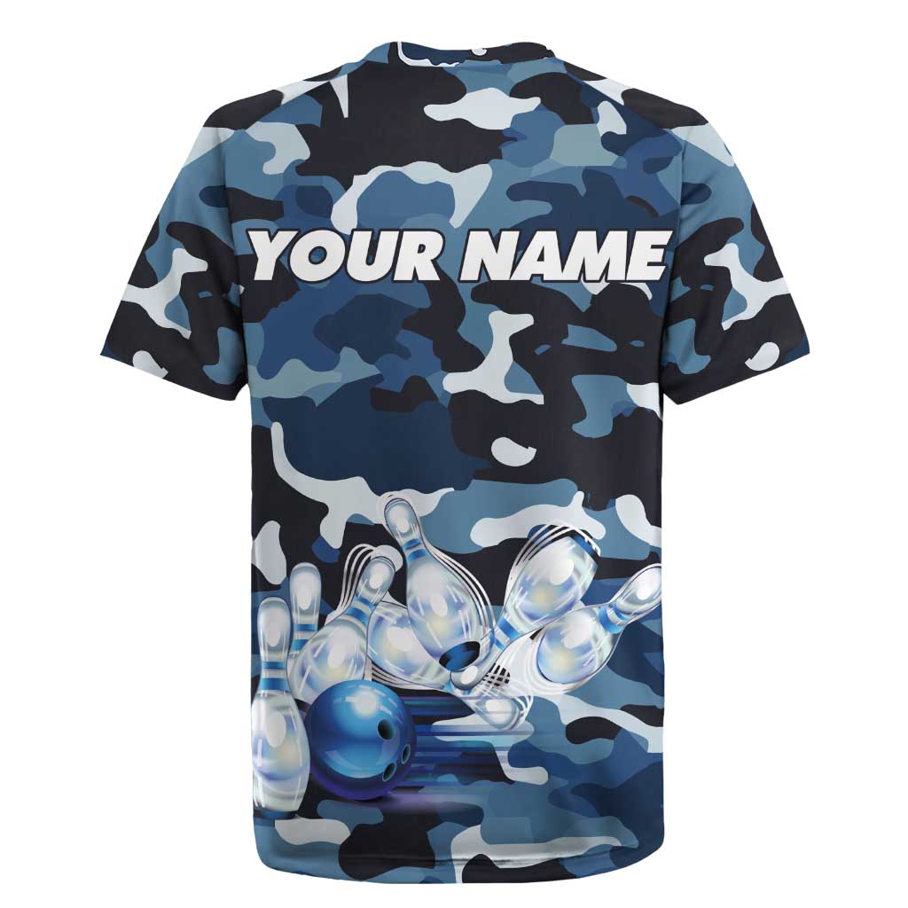 Blue Camouflage Pattern Rugby Jersey with Bowling Pins and Ball Graphic Design - Wonder Print Shop