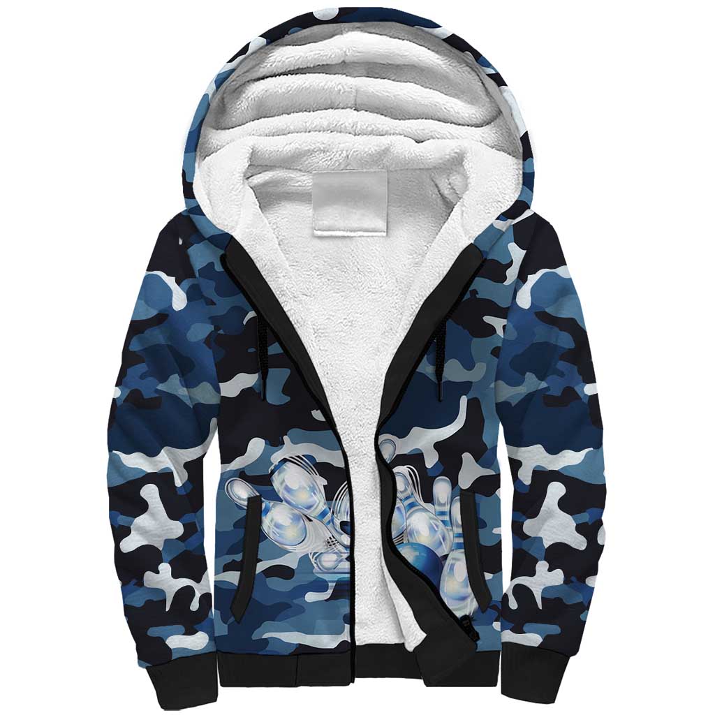 Blue Camouflage Pattern Sherpa Hoodie with Bowling Pins and Ball Graphic Design - Wonder Print Shop