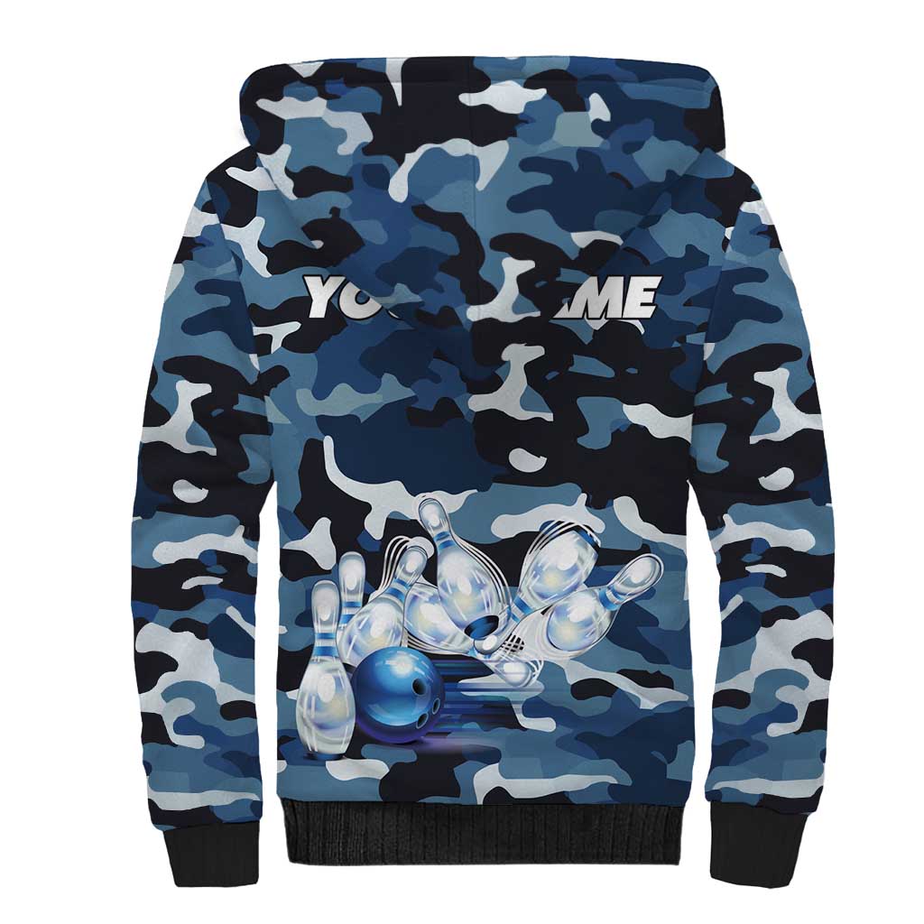 Blue Camouflage Pattern Sherpa Hoodie with Bowling Pins and Ball Graphic Design - Wonder Print Shop
