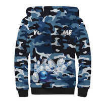 Blue Camouflage Pattern Sherpa Hoodie with Bowling Pins and Ball Graphic Design - Wonder Print Shop