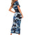 Blue Camouflage Pattern Short Sleeve Bodycon Dress with Bowling Pins and Ball Graphic Design - Wonder Print Shop