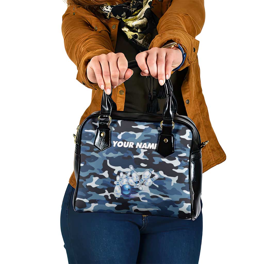 Blue Camouflage Pattern Shoulder Handbag with Bowling Pins and Ball Graphic Design - Wonder Print Shop