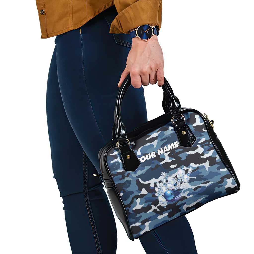 Blue Camouflage Pattern Shoulder Handbag with Bowling Pins and Ball Graphic Design - Wonder Print Shop