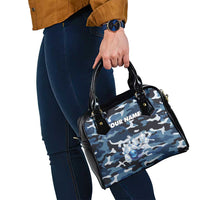 Blue Camouflage Pattern Shoulder Handbag with Bowling Pins and Ball Graphic Design - Wonder Print Shop