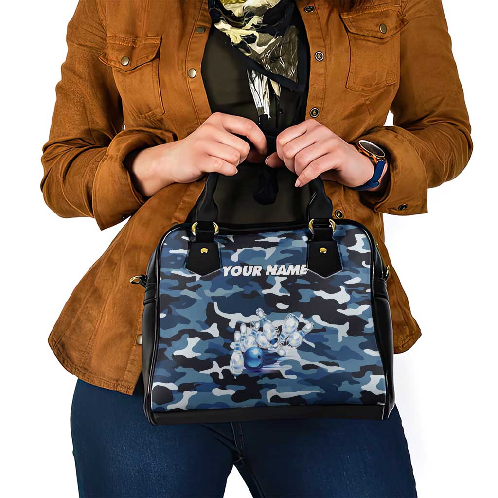 Blue Camouflage Pattern Shoulder Handbag with Bowling Pins and Ball Graphic Design - Wonder Print Shop