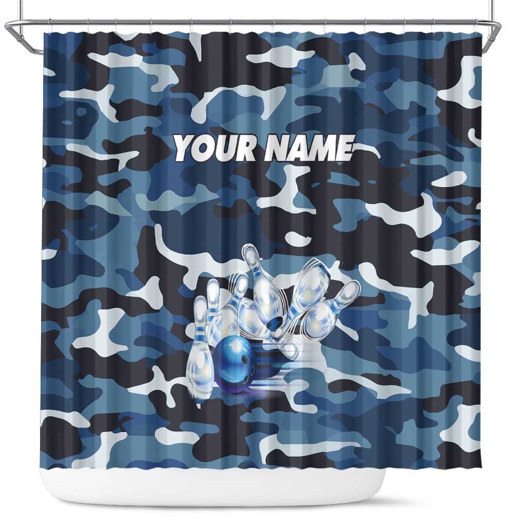 Blue Camouflage Pattern Shower Curtain with Bowling Pins and Ball Graphic Design - Wonder Print Shop